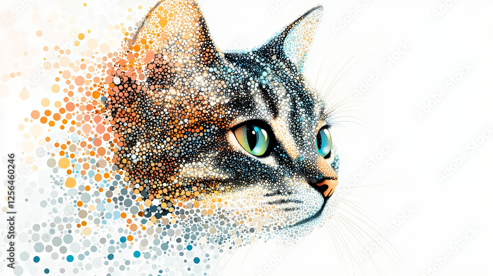 Poster cat of the particles. the cat consists of small circles and dots. vector illustration.