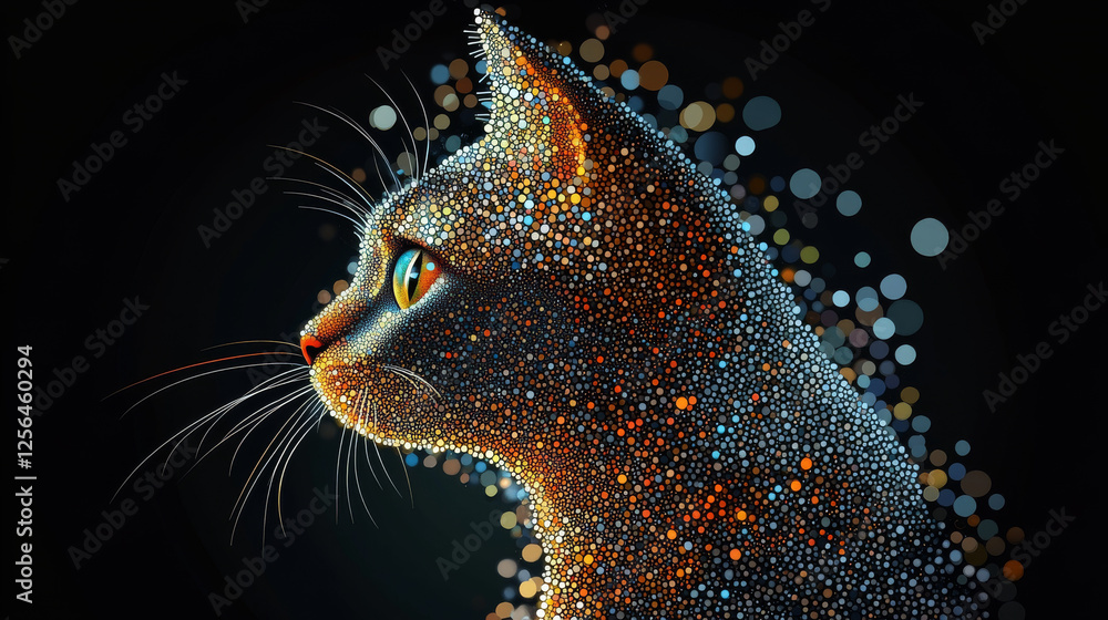 Poster cat of the particles. the cat consists of small circles and dots. vector illustration.