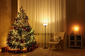 Cozy room with beautiful Christmas tree, armchair and lamp. Interior design for holiday