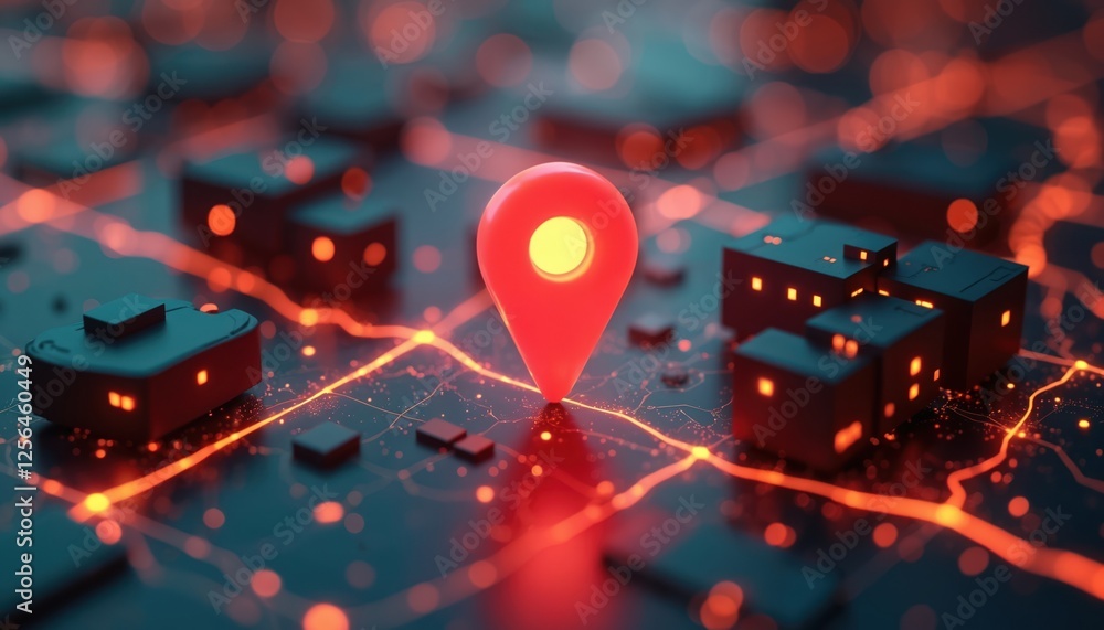 Leinwandbilder glowing red location pin hovers over dark futuristic cityscape. navigation concept shows destination