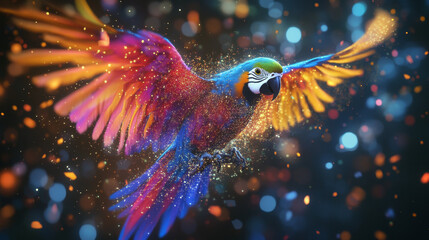 A hologram of a parrot. A holographic projection of a parrot. Flickering energy flux of particles.
