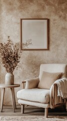 Elegant home interior featuring an armchair, dried flowers and framed art