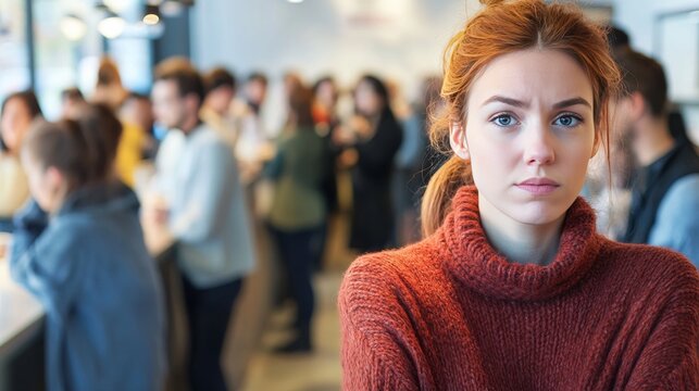 Annoyed customer at a crowded coffee shop. Featuring a long line at the counter