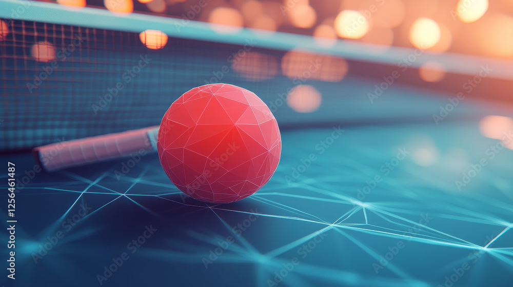 Poster the hologram table tennis. a racket and a ball made of polygons, triangles of points and lines. pinp