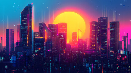Digital sunset cityscape: a futuristic metropolis at golden hour. Golden Hour Cyberpunk. Illustration