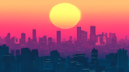 Digital sunset cityscape: a futuristic metropolis at golden hour. Golden Hour Cyberpunk. Illustration