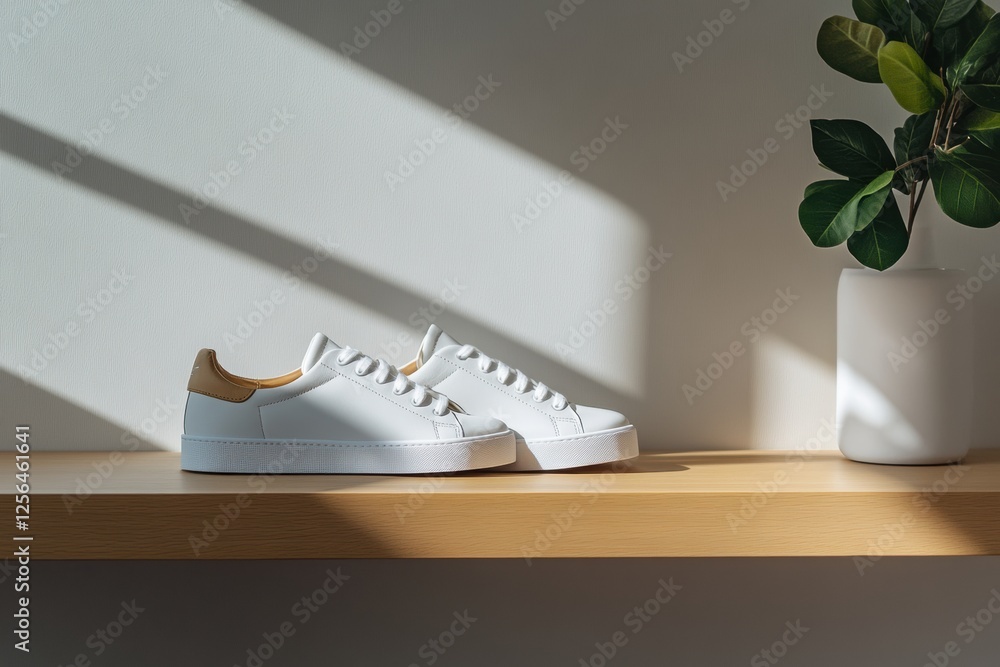 Aufkleber Minimalist shoe shelf showcasing stylish sneakers with a sleek design and ample space for personalization. Generative AI