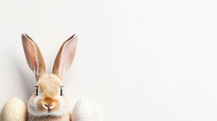 Fototapeta premium easter community event. Cute rabbit with eggs on light background for Easter celebration