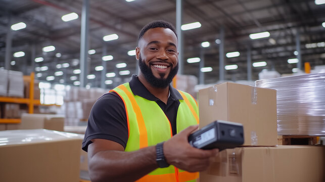 A smiling worker in a high-visibility vest scans a package with a barcode scanner, ensuring accurate tracking and shipment in a well-lit warehouse environment. warehouse scanning, - Powered by Adobe