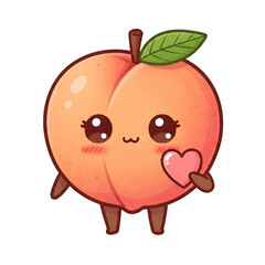 Drawing of a blushing and shy peach with bright eyes and holding a heart in kawaii cartoon style on transparent background