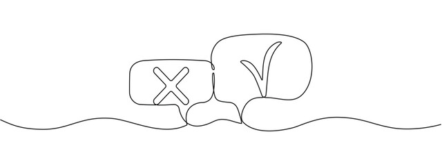 One continuous editable tick and cross line in speech bubbles. Voting symbol with check mark and cross in single line style. Vector illustration © Sviatlana