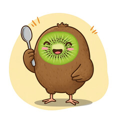 Drawing of a smiling kiwi with a spoon in his hand looking ready to serve himself, cute and funny cartoon style on transparent background