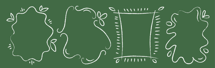 White hand drawn quirky chalk frame on chalkboard background. Vintage, whimsical wavy line design, ribbon, coquette curly shape. Crayon pencil doodle scrawl. Blank menu template. Vector illustration