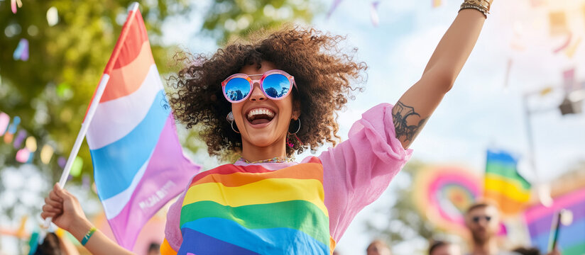 A confident activist wearing colorful pride-themed clothing waves a transgender flag while mid-jump, radiating happiness and empowerment in an outdoor pride gathering. ride activis