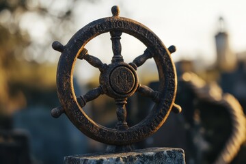 Obraz premium A symbolic stone wheel or steering wheel on top of a gravestone in a cemetery
