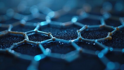 Extreme close-up of graphene based biosensor detecting biomolecules. Blue hexagon molecular nanomesh structure, black glittering background. High sensitivity technology photo for medical, chemical,