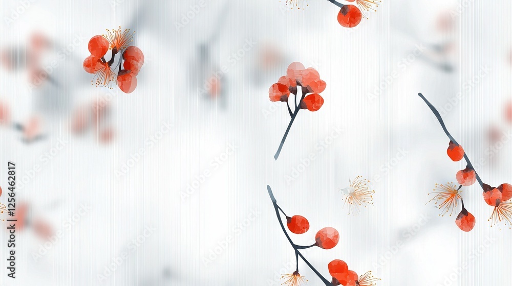 Poster a close-up of red berries on a tree branch with white and gray stripes in the background
