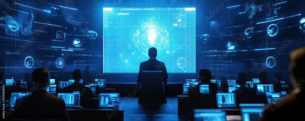 Poster futuristic control room with diverse team analyzing digital data on large screen