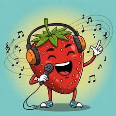 Drawing of a smiling strawberry holding a microphone as if he were singing with headphones and a background full of musical notes in cartoon style