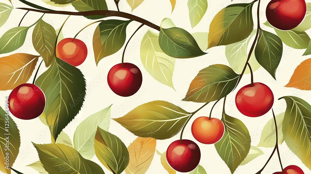 Poster a close-up of cherry pattern on a tree's branch against a white background with leaves