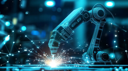 Hologram welder. Digital and technological welder background. Futuristic welding design