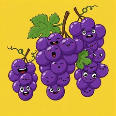 Bunch of grapes with animated faces, each grape expressing a different emotion, fun cartoon style