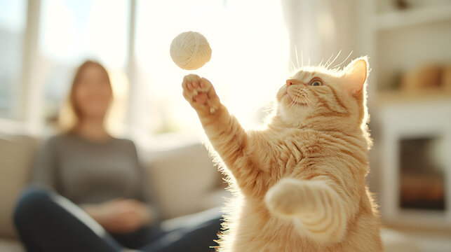 Ginger tabby playing with yarn. Bright sunlit room. Cat reaches up for a ball of yarn. Cozy indoor scene, woman in background. Fun feline moment.