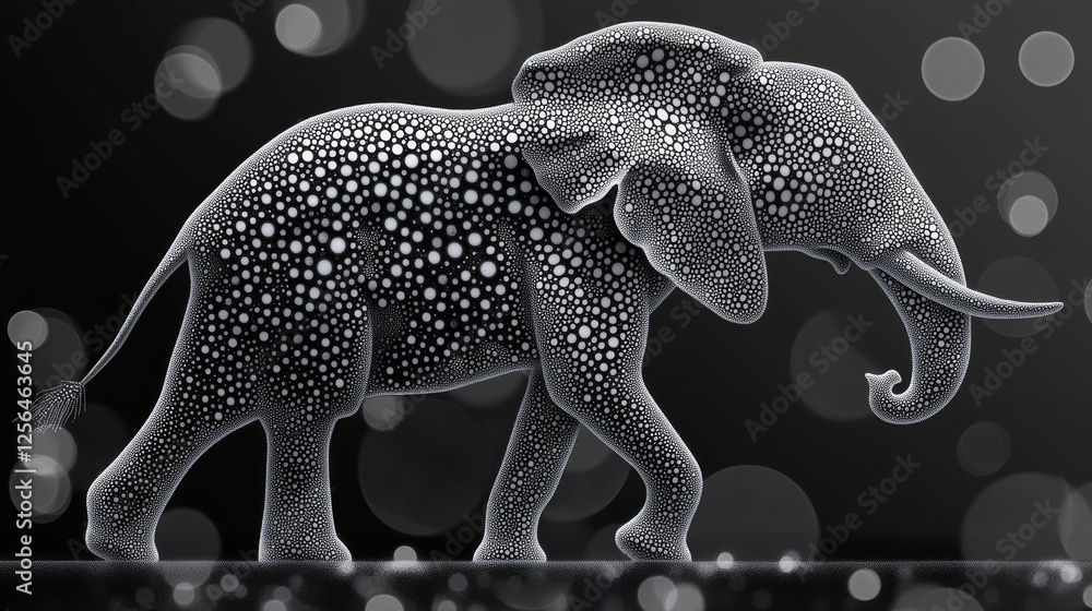 Poster the elephant of the particle. the elephant consists of circles and points. vector illustration.
