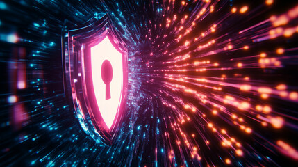 A high-tech cyber security concept, showcasing a shield with a keyhole icon over a digital data background. The animation symbolizes the protection of information privacy and the s