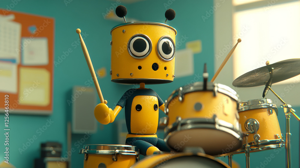 Poster the drummer of the particles. the drummer in a school band consists of circles and points. vector il
