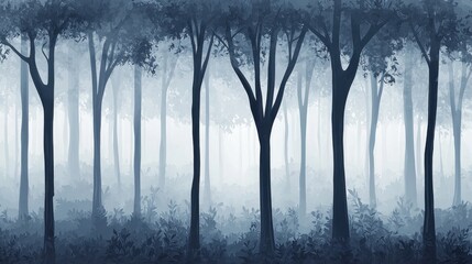 Naklejka premium Dense fog covering a tranquil forest with tall trees and lush greenery in a serene natural landscape