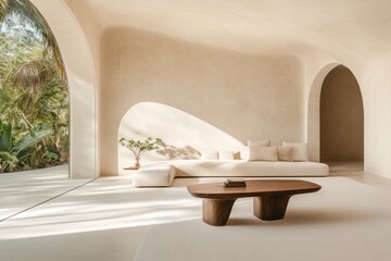 Contemporary Mediterranean Living Room with Beige Sofa and Arched Stucco Wall Finishes
