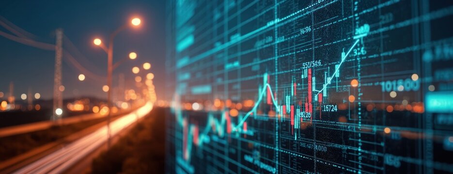 Stock market chart data overlaps blurred city night lights. Business banner showcases financial investment growth, digital economy info, electric power facility progress in urban area.