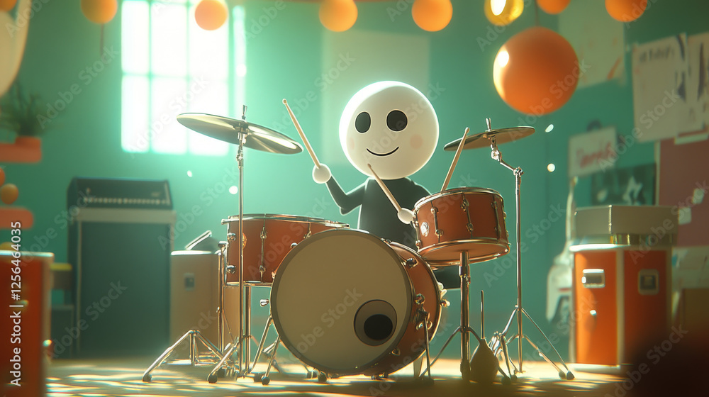 Poster the drummer of the particles. the drummer in a school band consists of circles and points. vector il