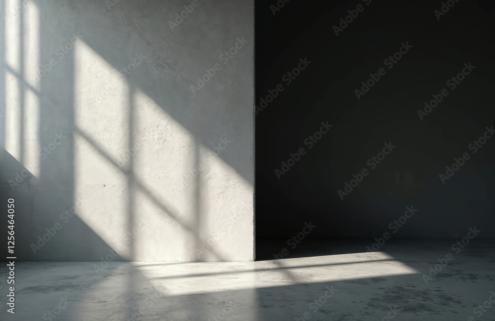 Poster diagonally splitted gray wall, casting geometrical sunlight shadow as background. rough concrete sur