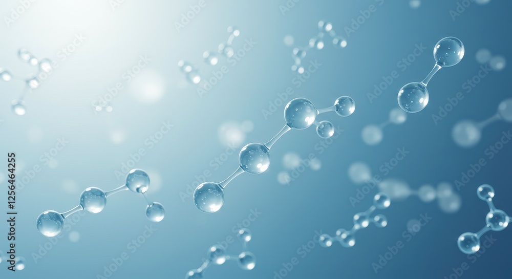 Poster a futuristic visualization of molecular structures, featuring translucent, glowing molecules and ato