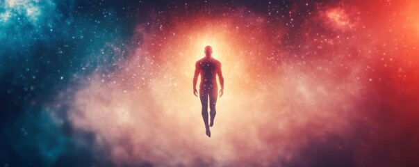 Naklejka premium Floating cosmic sorcerer, body shifting between starlight and dark matter, sci-fi fantasy fusion