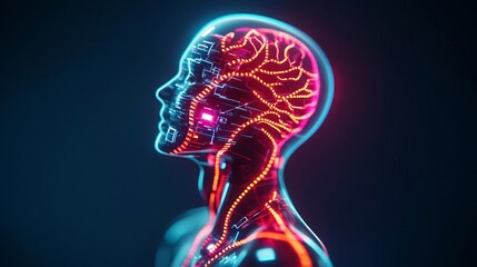 Futuristic AI humanoid, glowing LED veins forming intricate futuristic patterns