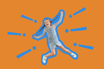 Jumping little girl on color background