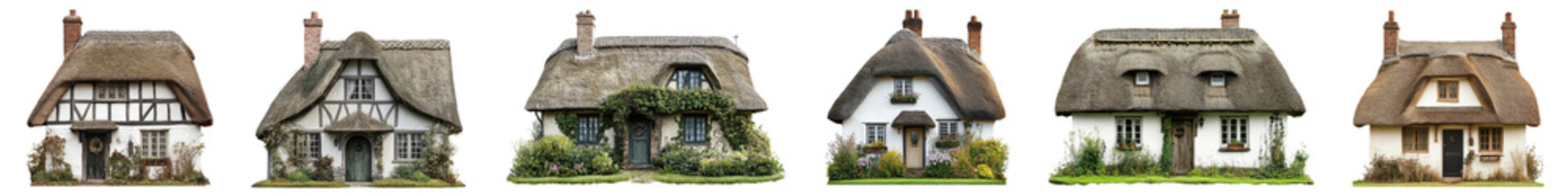 PNG Charming thatched English countryside cottages, element set on transparent background