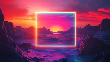 Beautiful landscape with a glowing frame in the center of the composition. Surreal background. Sunset in the mountains concept poster. AI digital artwork. 