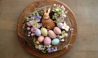 A wooden tray with a bunny and a basket of eggs