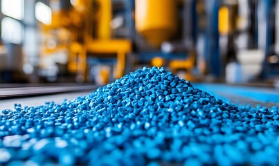 Close-up of blue plastic granules with industrial machinery blurred in background