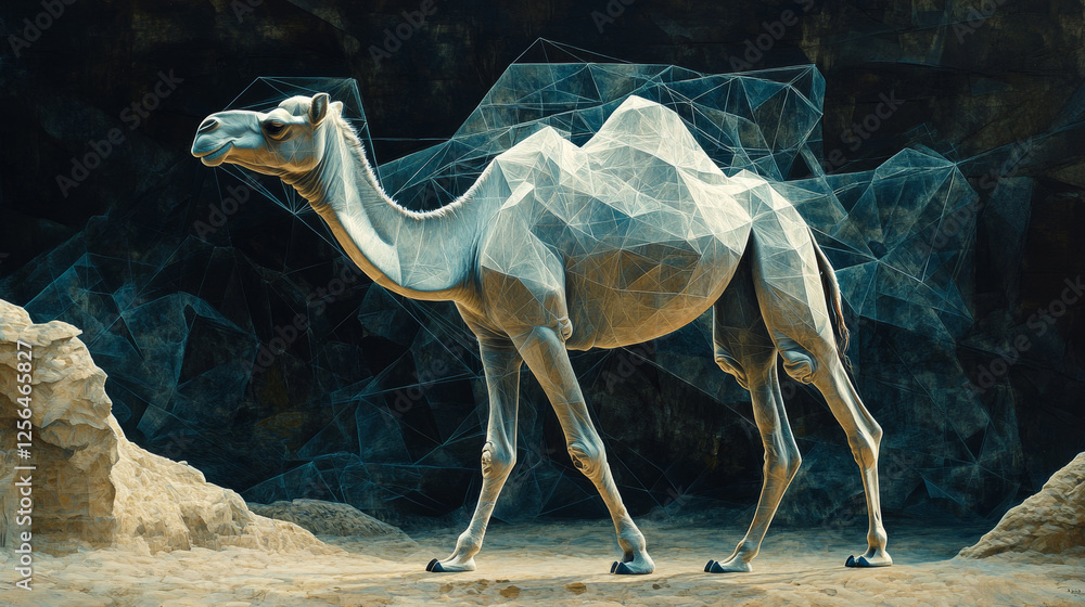 Poster a camel made of particles on a dark background. a camel made out of geometric shapes. vector illustr