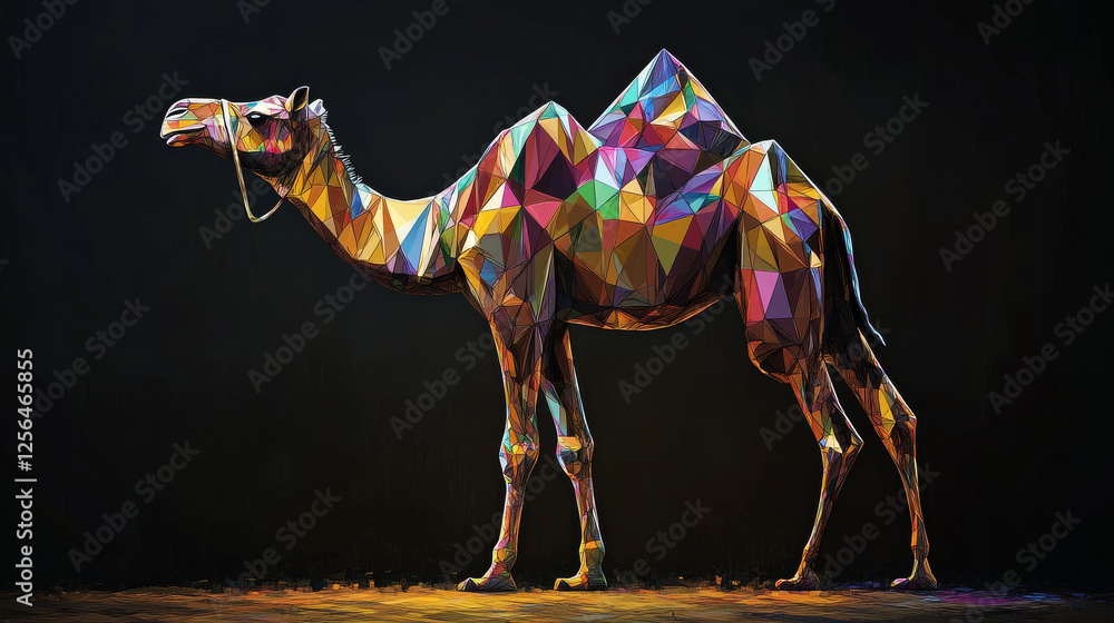Poster a camel made of particles on a dark background. a camel made out of geometric shapes. vector illustr