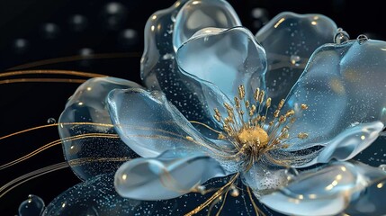   A macro shot of a blue blossom featuring golden anthers adorning its sepals against a dark backdrop