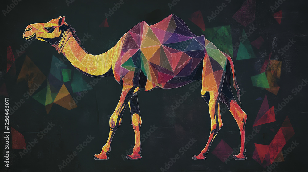Poster a camel made of particles on a dark background. a camel made out of geometric shapes. vector illustr