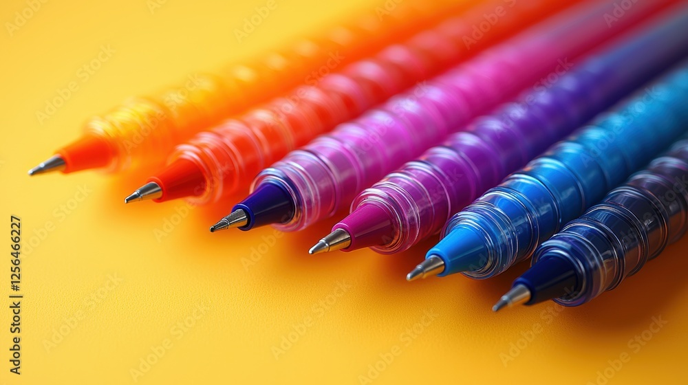 Poster a vibrant array of gel pens arranged in a colorful gradient.