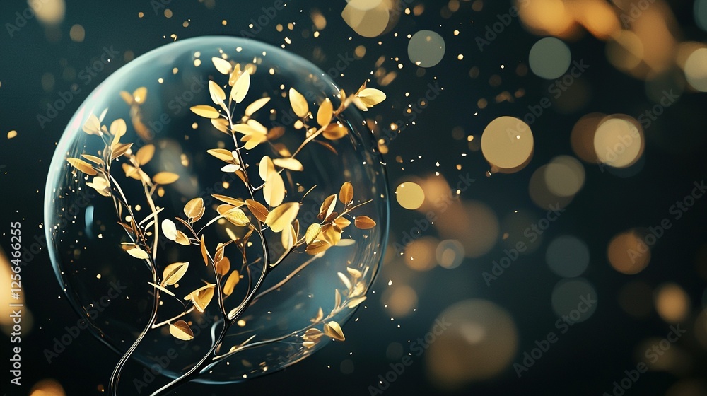 Poster a macro shot of a spherical vase filled with lush foliage against a dark canvas, adorned with glitte