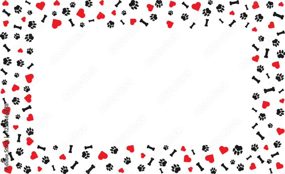 Poster rectangular frame with pet paw prints and bone and red heart with blank space for text. black silhou